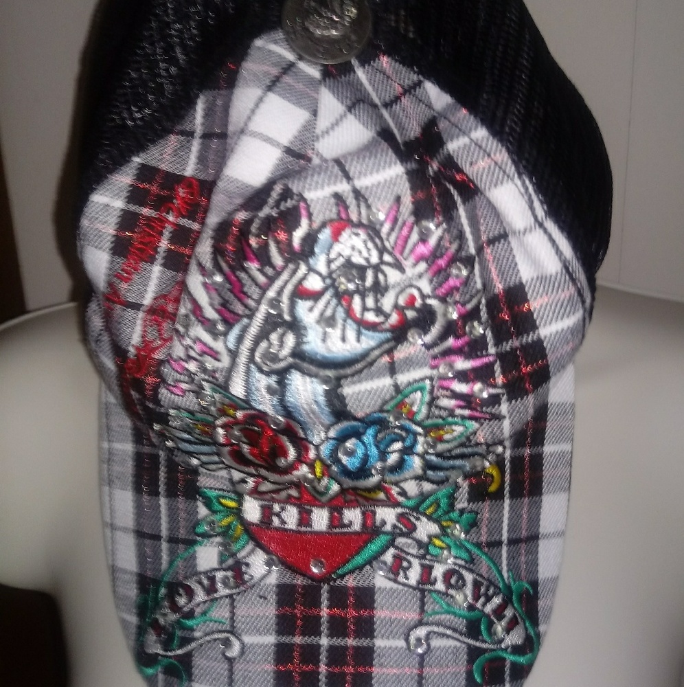 Ed Hardy Hat Cap Snapback Panther Plaid & Mesh